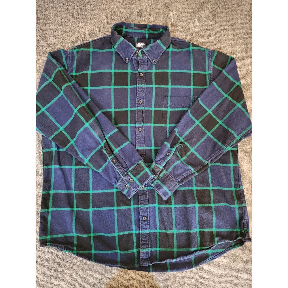 Land's End Men's XXL Blue Green Plaid Flannel Long Sleeve Button Down Shirt